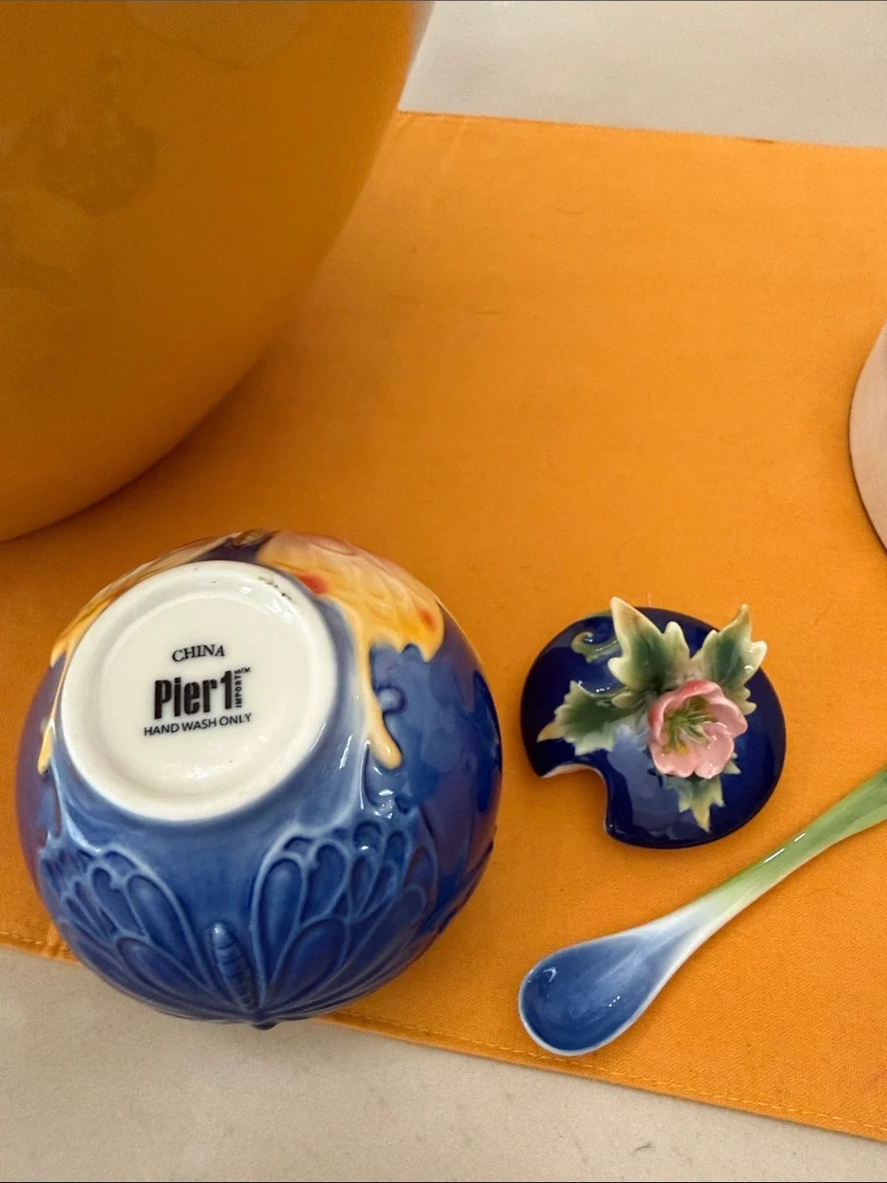 Pier 1 Blue Floral Ceramic Bowl with Pink Flower Chip Rest and Blue Spoon